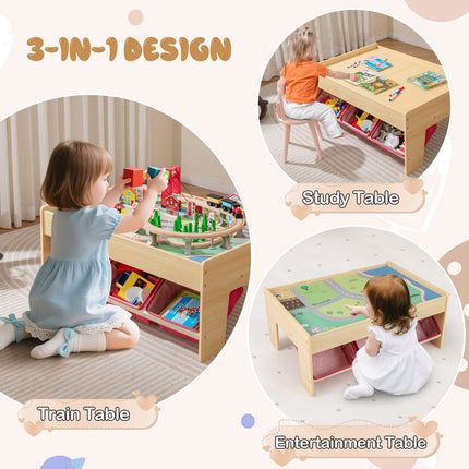 Wooden Train Table, 2 Reversible Tops, 3 Drawers, 94-Pc