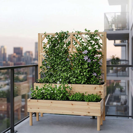 Wooden Two-Tier Planter With Trellis, Raised Beds
