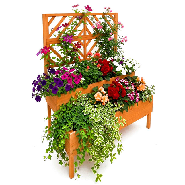 Wooden Two-Tier Raised Planter With Trellis, Drainage