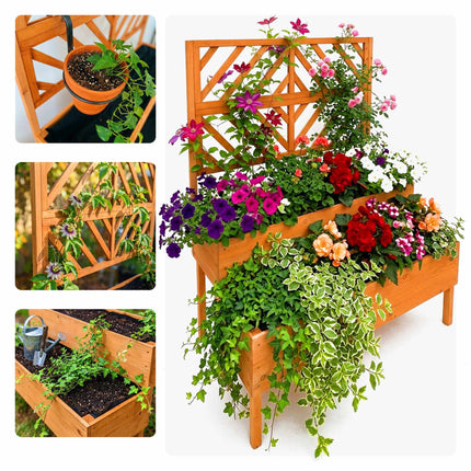 Wooden Two-Tier Raised Planter With Trellis, Drainage