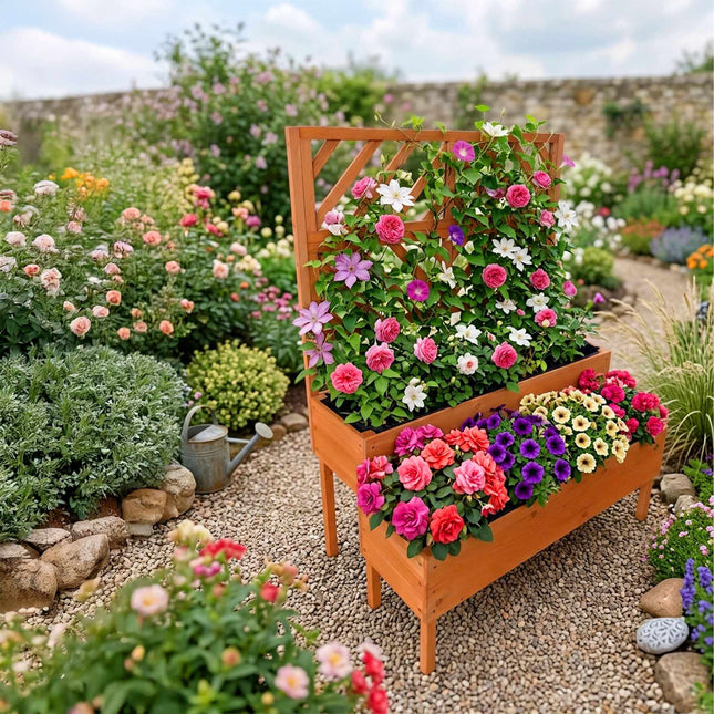 Wooden Two-Tier Raised Planter With Trellis, Drainage