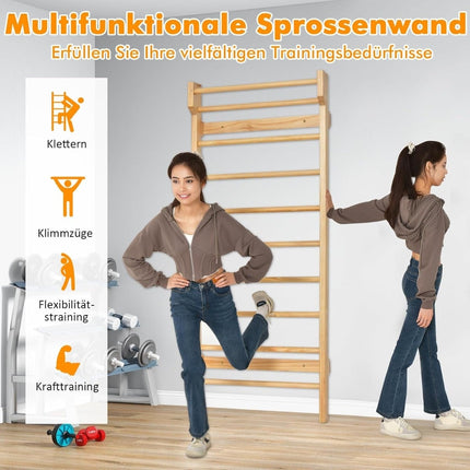 Wooden Wall Bars with Pull-Up Bar, 10 Rungs, 100kg Capacity