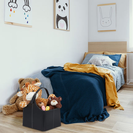 Wooden basket in imitation leather with handle