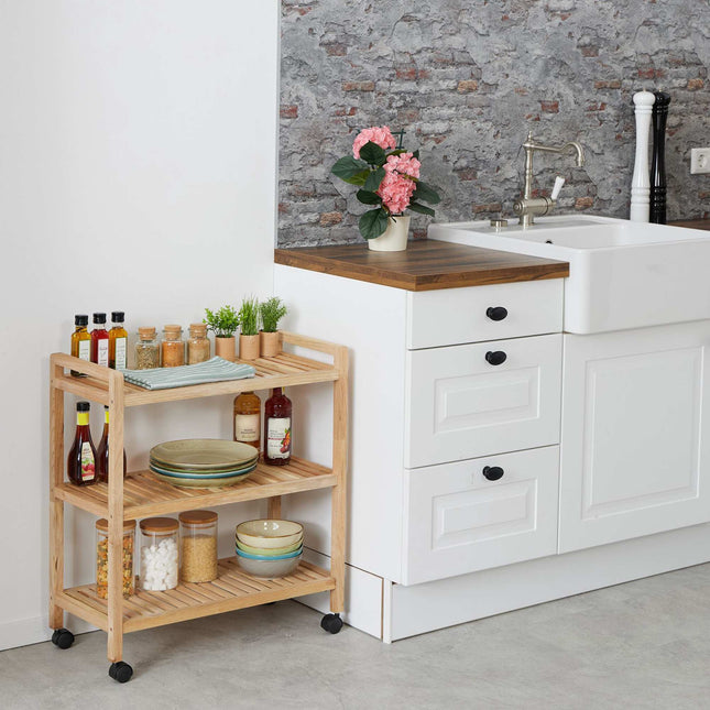Wooden bathroom shelf with wheels
