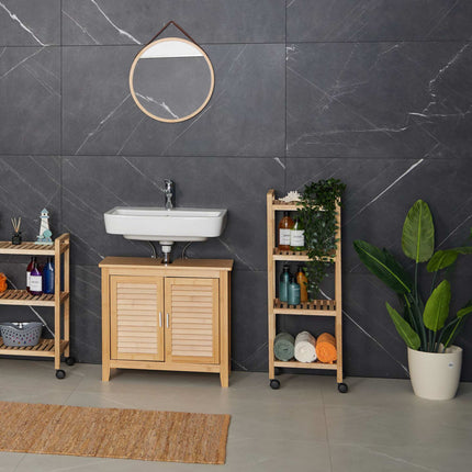 Wooden bathroom shelf with wheels