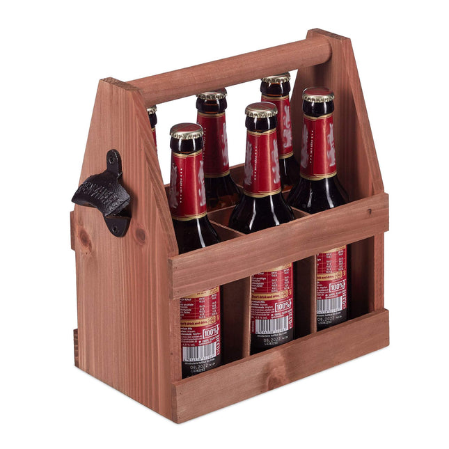 Wooden beer holder with bottle opener