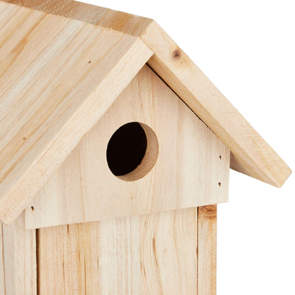 Wooden birdhouse with pointed roof
