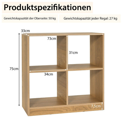 Wooden bookcase with 4 compartments cube shelf & anti-tip 73 x 33 x 73 cm natural