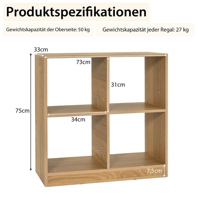 Wooden bookcase with 4 compartments cube shelf & anti-tip 73 x 33 x 73 cm natural