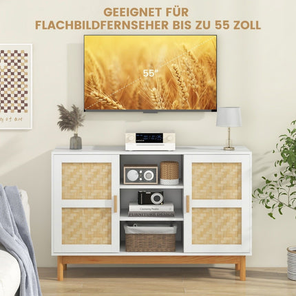 Wooden buffet cabinet kitchen cabinet with 2 bamboo doors & 3 open shelves 120 x 35 x 78 cm natural + white