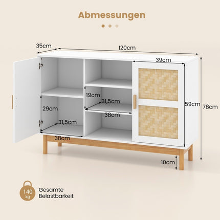 Wooden buffet cabinet kitchen cabinet with 2 bamboo doors & 3 open shelves 120 x 35 x 78 cm natural + white