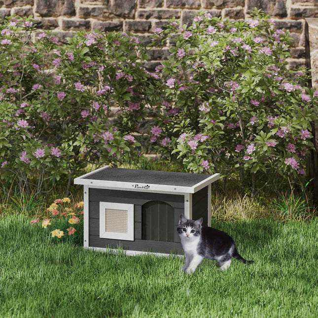Weatherproof gray wooden cat house with scratching mat