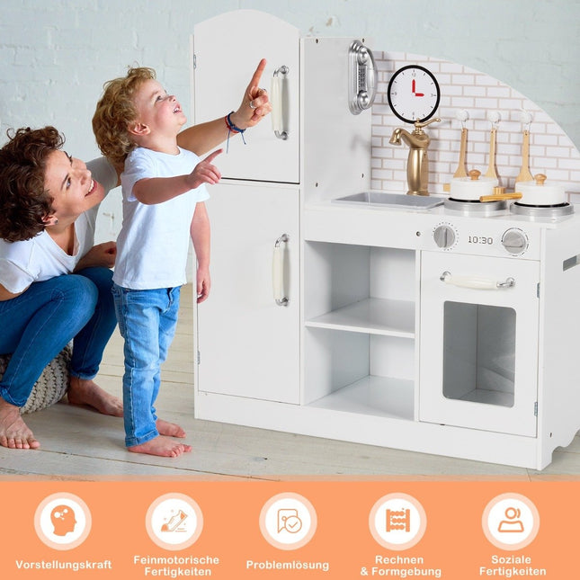 Wooden children's kitchen with utensils & tap & sink, telephone & cupboards 78 x 29 x 83 cm white