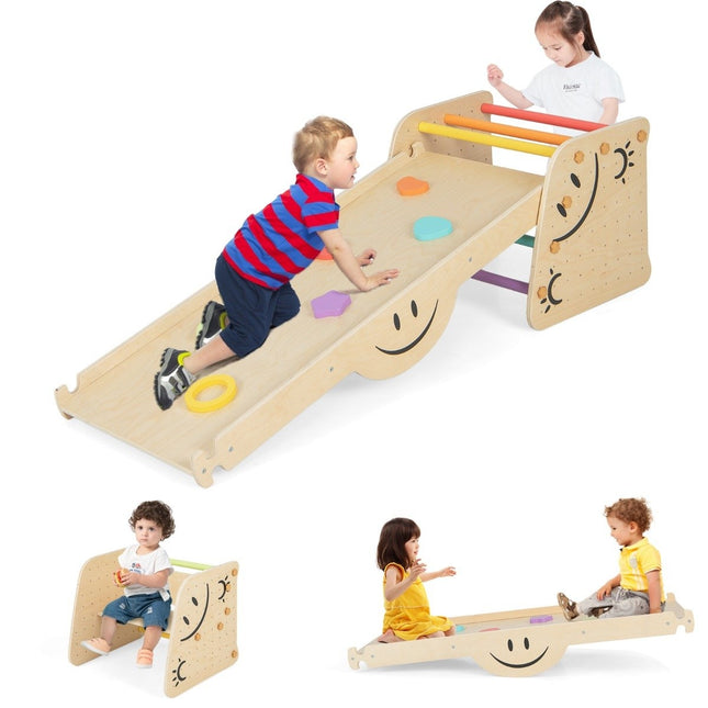 Wooden climber set with reversible ramp & seesaw & climbing ladder & smiley face patterns climbing toy