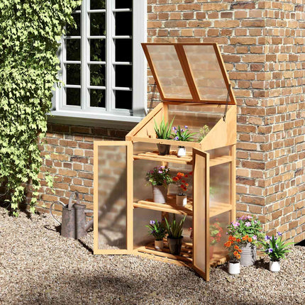 Mini wooden greenhouse with shelves, double door, 70x50x120 cm