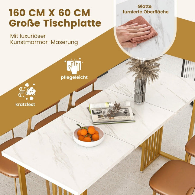 Wooden dining room table 160 x 60 cm rectangular kitchen table with marble look and metal legs white + gold