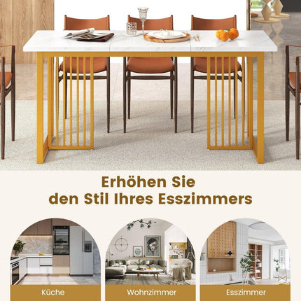 Wooden dining room table 160 x 60 cm rectangular kitchen table with marble look and metal legs white + gold
