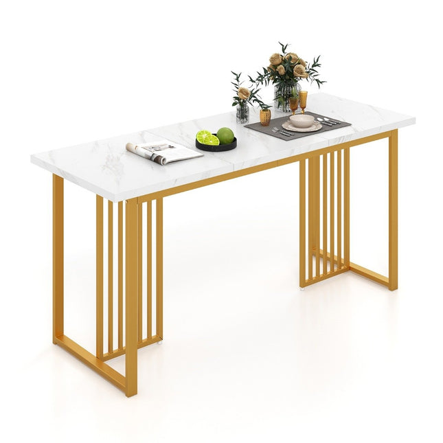 Wooden dining room table 160 x 60 cm rectangular kitchen table with marble look and metal legs white + gold