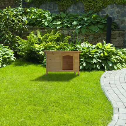 Wooden dog house with hinges