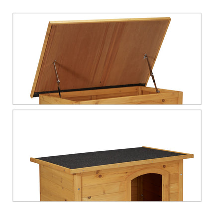 Wooden dog house with hinges