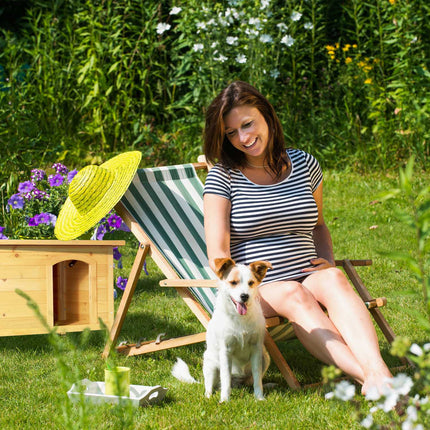 Wooden dog house with hinges