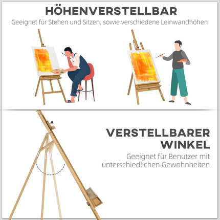 Adjustable wooden easel 180-235 cm with shelf and canvas holder