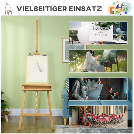 Adjustable wooden easel 180-235 cm with shelf and canvas holder