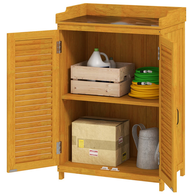 Yellow wooden garden tool shed with shelves, weatherproof