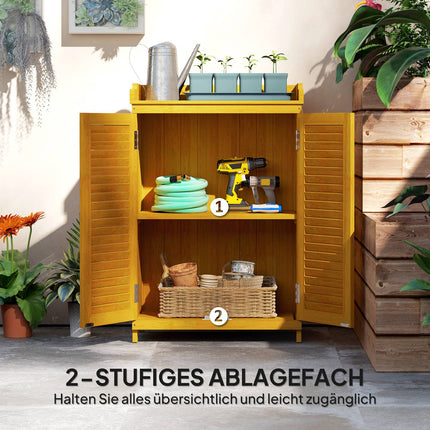 Yellow wooden garden tool shed with shelves, weatherproof