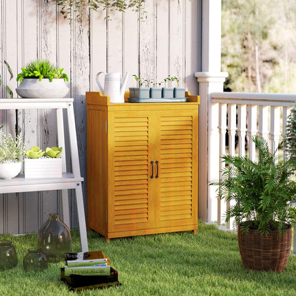 Yellow wooden garden tool shed with shelves, weatherproof