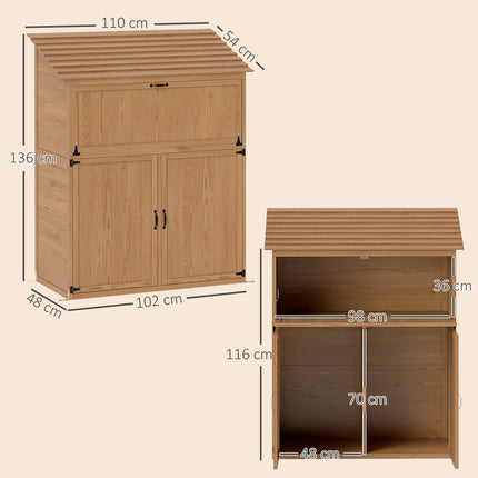 Wooden tool shed with folding shelf, weather resistant, natural wood