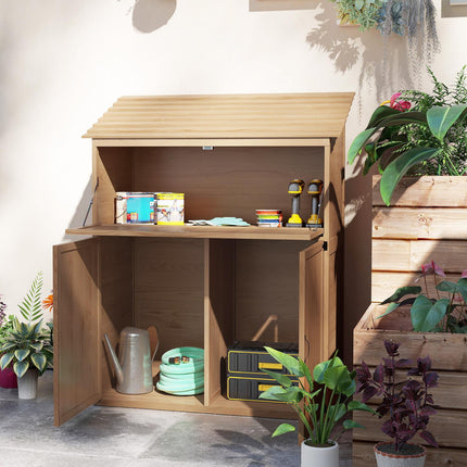 Wooden tool shed with folding shelf, weather resistant, natural wood
