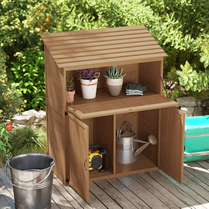 Wooden tool shed with folding shelf, weather resistant, natural wood