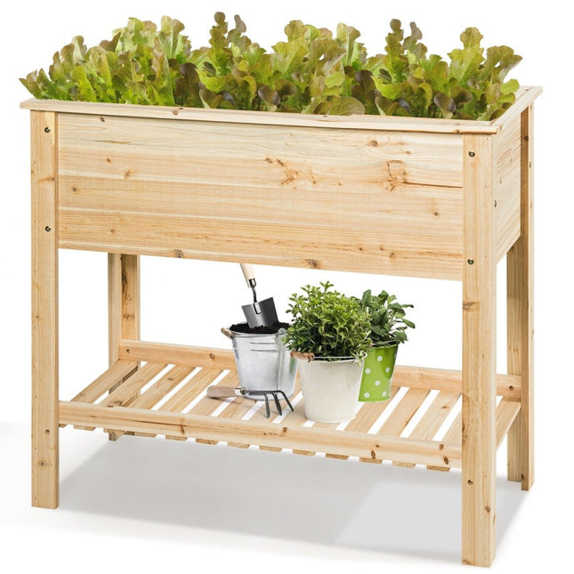 Wooden planter raised bed with storage shelf for growing plants 92 x 41 x 81 cm