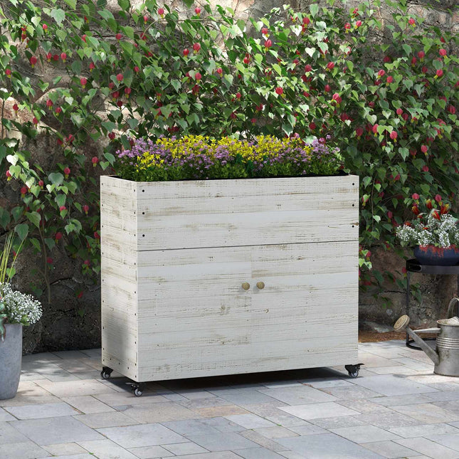 Wooden planter box with wheels and storage, 110x50x95 cm