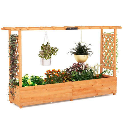 Wooden raised bed with trellis & hanging roof & trellis planter 200 x 44 x 114 cm