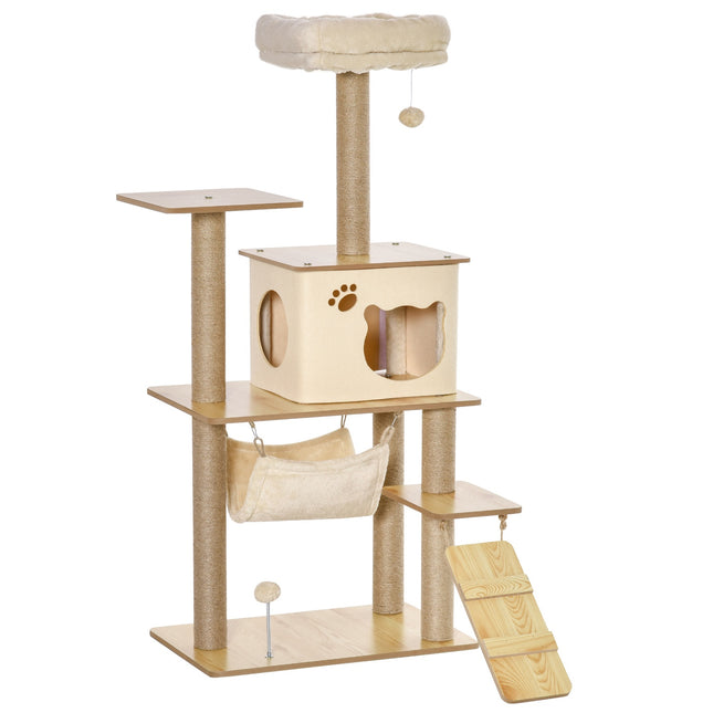 Yellow cat tree - scratching post with cave and toys, 60x40x130 cm