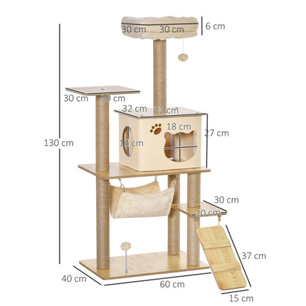 Yellow cat tree - scratching post with cave and toys, 60x40x130 cm