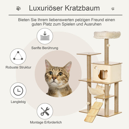 Yellow cat tree - scratching post with cave and toys, 60x40x130 cm