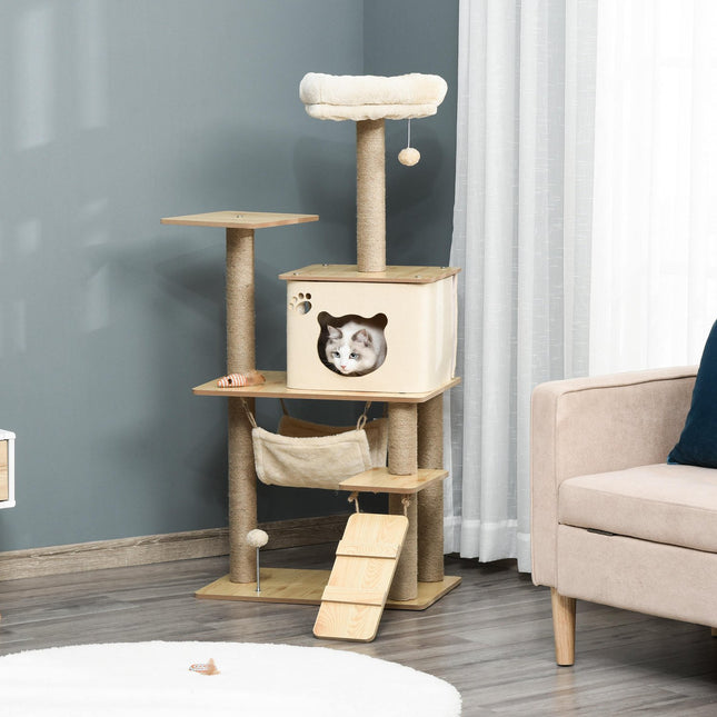Yellow cat tree - scratching post with cave and toys, 60x40x130 cm