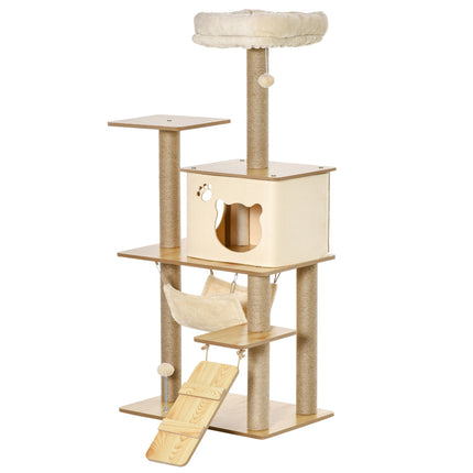 Yellow cat tree - scratching post with cave and toys, 60x40x130 cm