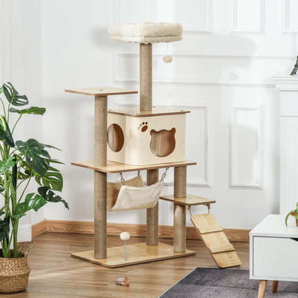 Yellow cat tree - scratching post with cave and toys, 60x40x130 cm