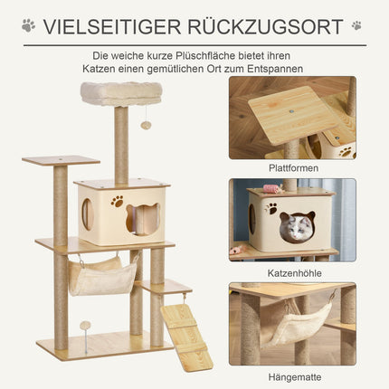 Yellow cat tree - scratching post with cave and toys, 60x40x130 cm