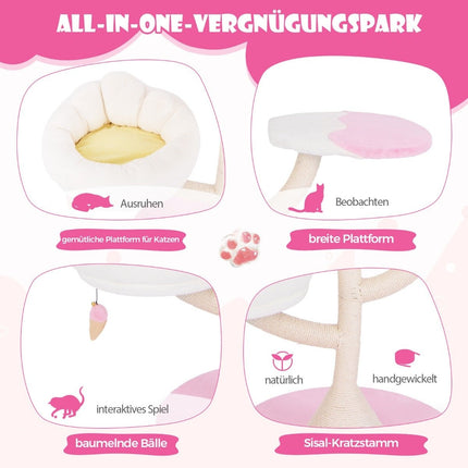 Wooden scratching post, cute cat tree with 2 lying areas & 2 platforms & play ball & sisal posts white + pink