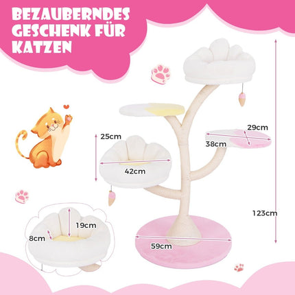Wooden scratching post, cute cat tree with 2 lying areas & 2 platforms & play ball & sisal posts white + pink