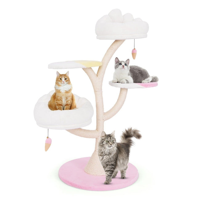 Wooden scratching post, cute cat tree with 2 lying areas & 2 platforms & play ball & sisal posts white + pink