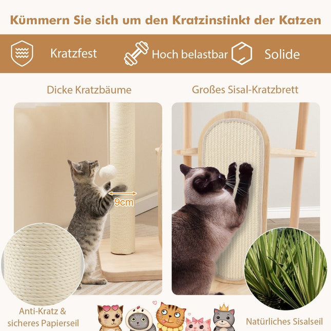 Wooden scratching post multi-story cat tower with scratching board sisal posts padded seat 59 x 47 x 112 cm beige