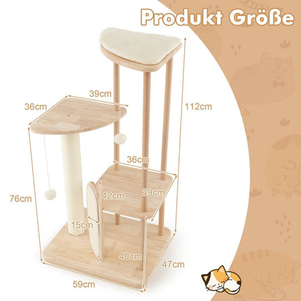 Wooden scratching post multi-story cat tower with scratching board sisal posts padded seat 59 x 47 x 112 cm beige