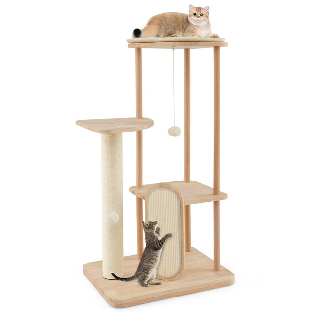 Wooden scratching post multi-story cat tower with scratching board sisal posts padded seat 59 x 47 x 112 cm beige