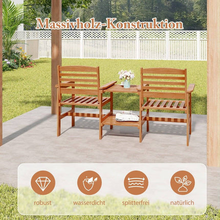 Wooden seating set with coffee table and umbrella hole. Weatherproof garden furniture set for the terrace